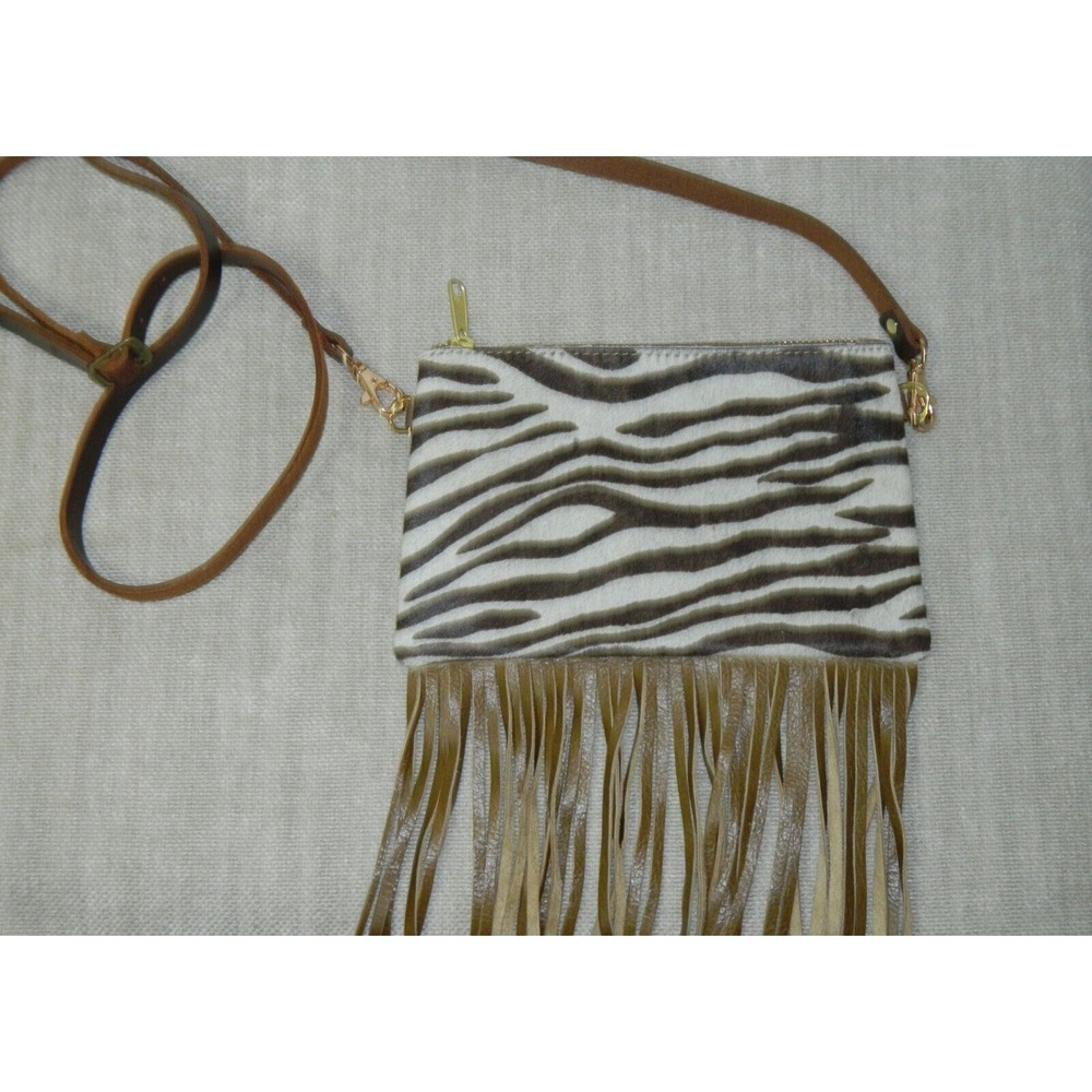 Crossbody Purse Bag Brown Zebra Cow Calf Hair Leather Fringe Crossbody USA - Picture 9 of 9
